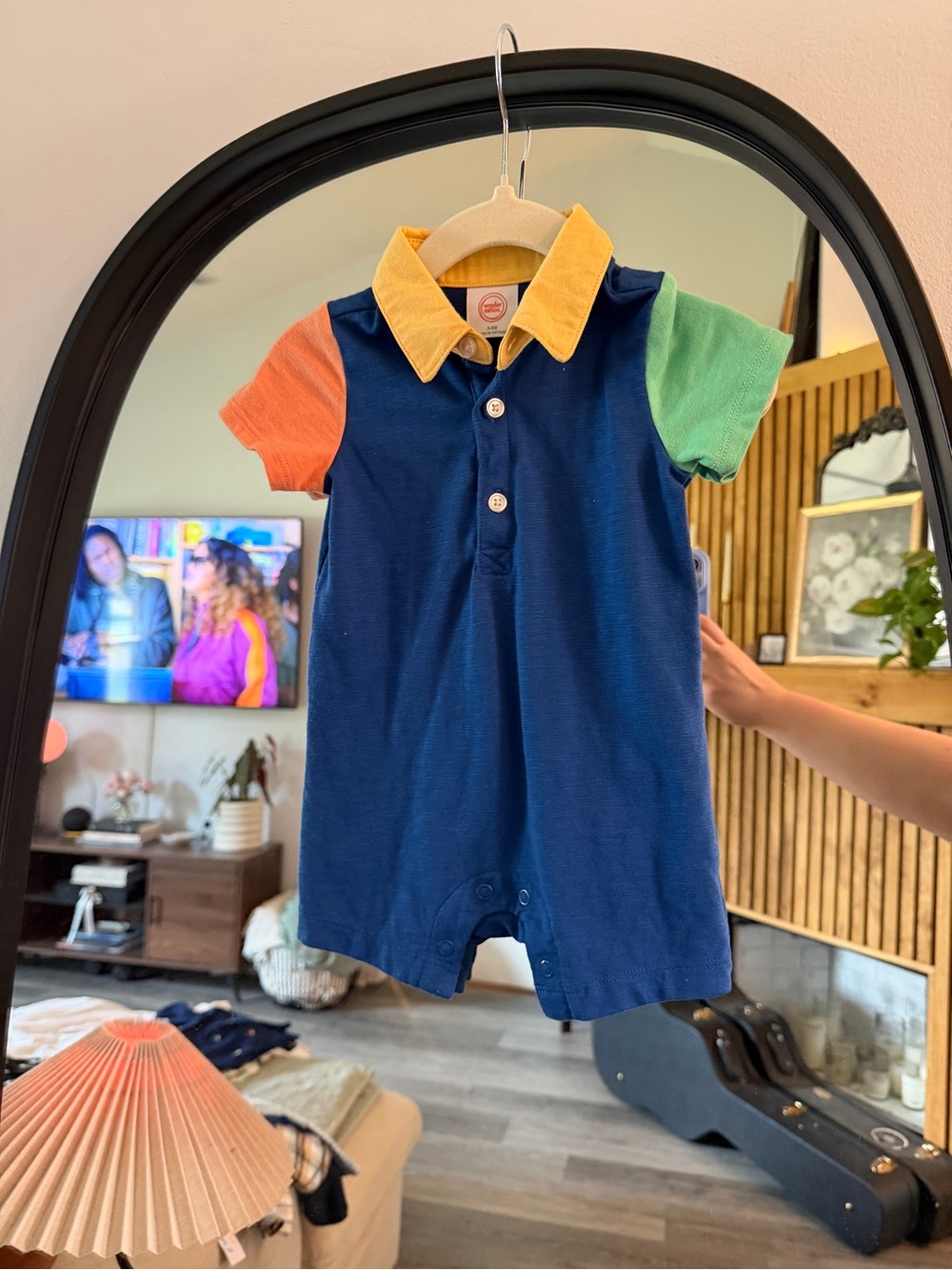 wonder nation Navy Polo Romper with Yellow Collar and Orange & Green Sleeves